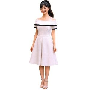 90s VTG Seassi Off Shoulder Textured Dress Black Trim Fit Flare Women's Size 8